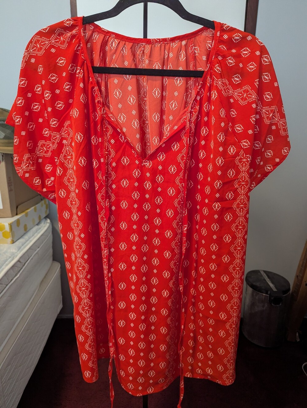 Red Printed Women's Peasant Blouse - Lightweight V-Neck Top
